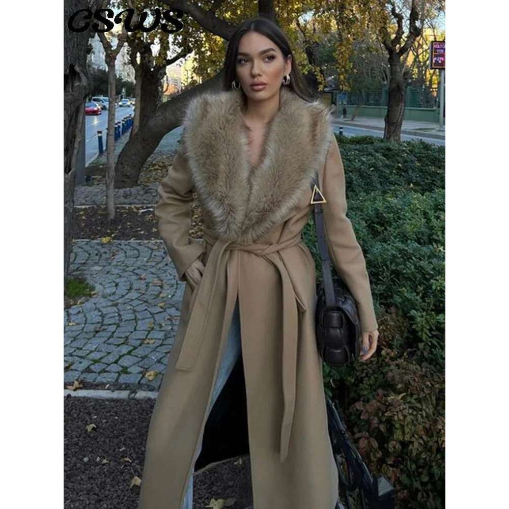 Elegant Fur Lapel Long Coat Women With Belt Woolen Full Sleeve Lace Up Loose Thicken Overcoat 2025 Spring Solid Pocket Outwear