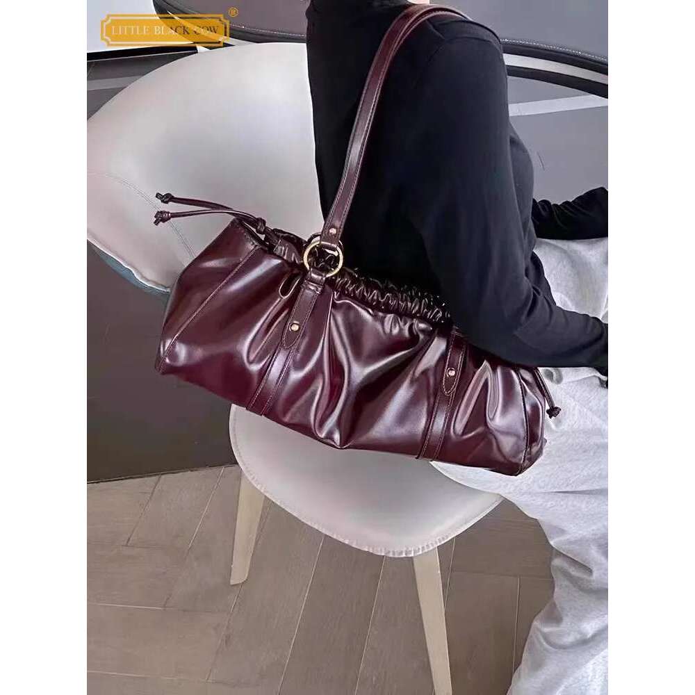 Elegant Women Underarm Pleated Hasp Hobos Office Ladies Work Shoulder Bag Vintage Cow Split Leather Bags New Totes Handbag