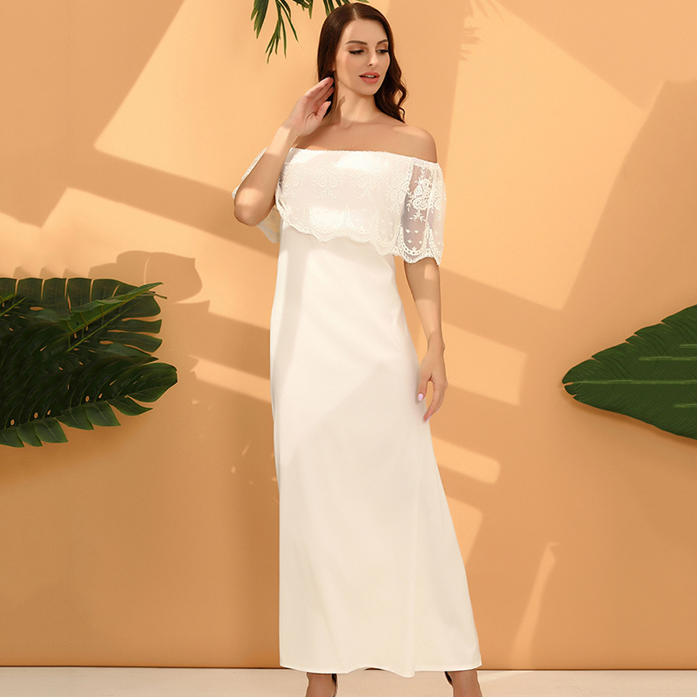 2025 Summer Elegant White High Waist Open Back Off Shoulder Hook Flower Hollow Lace Long Dress