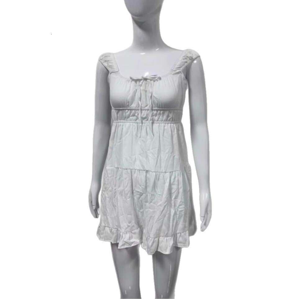 Summer New Women's Solid Color Sweet Strap High Waist Large Swing Cotton pleated Dress