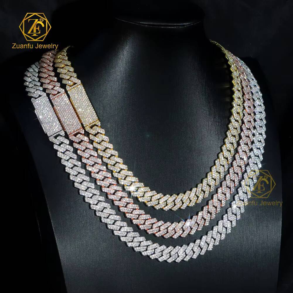Fine Jewelry S925 Sterling Cuban Link Moissanite Necklace 2Row 12mm VVS Moissanite Diamond Cuban Chain
