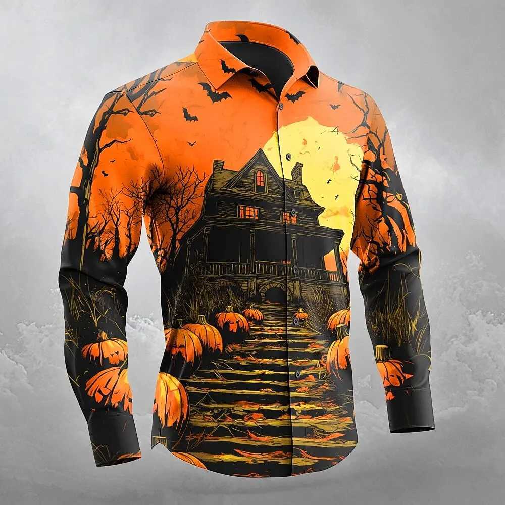2025 Fall Winter Mens Pumpkin Haunted House Halloween Costumes Shirt Button Up Shirt Long Sleeve Shirts Gothic Style Tops K251110