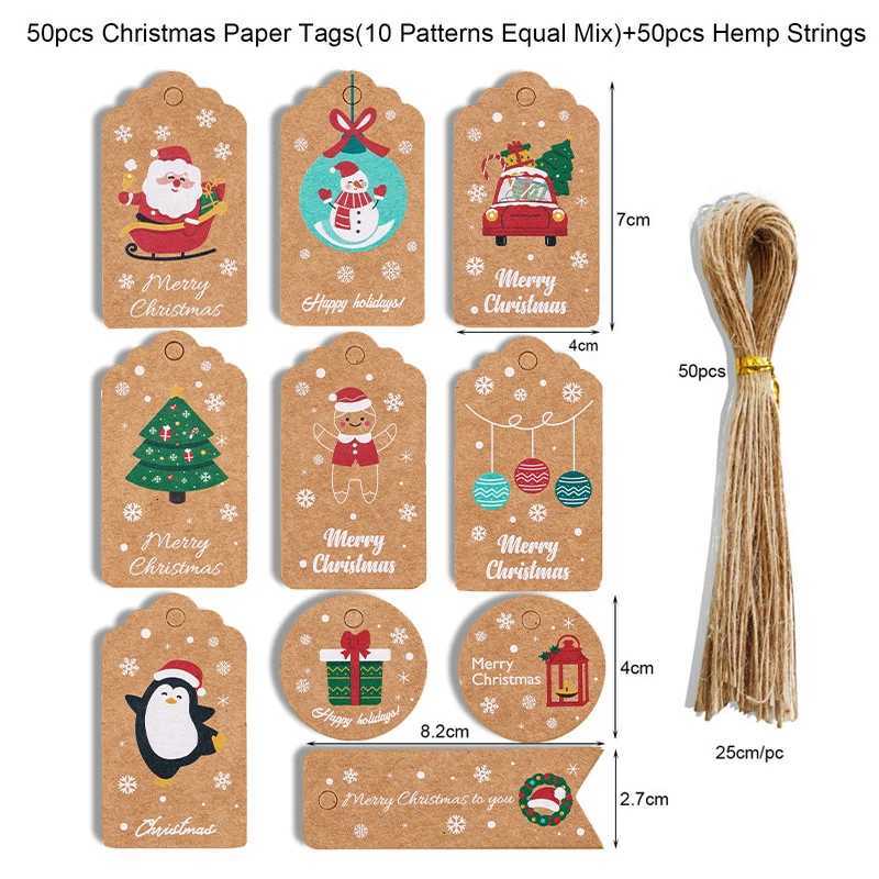 48/50Pcs Merry Christmas Kraft Paper Tags DIY Handmade Gift Wrapping Paper Labels Santa Claus Hang Tag Ornaments New Year DecorM251111