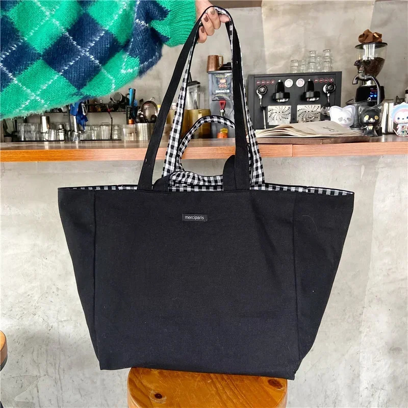 Women Canvas Shoulder Bags Plaid Double-side Large Capacity Handbags Female Shopping Portable Lazy All-match Foldable Tote Bag 251110