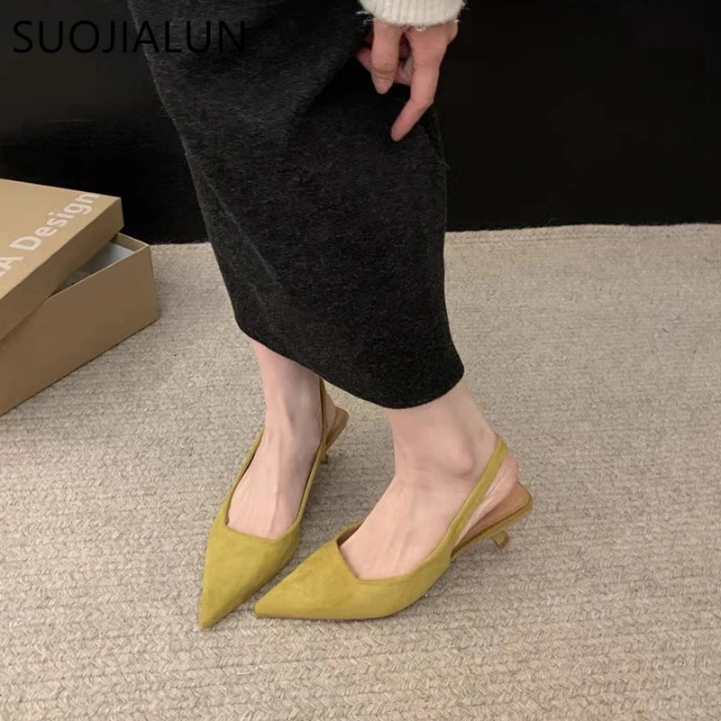 SUOJIALUN Spring Women Sandal Fashion Pointed Toe Shallow Slip On Dress Mules Shoes Thin Low Heel Slingback Sandal 251107