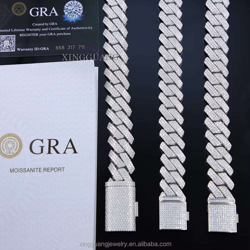 RTS Heavy Cuban Link Chain 100% Handmade Ice Out Moissanite Hip Hop Necklace 15mm 20mm 3Rows Chain S925 Silver Cuban Link Chains