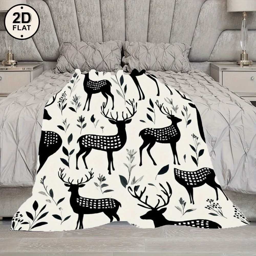 1pc Soft Flannel Blanket - Modern Nordic Deer Floral pattern in Black/White/ All-Season Luxury Throw for Living Room Bedroom C251111