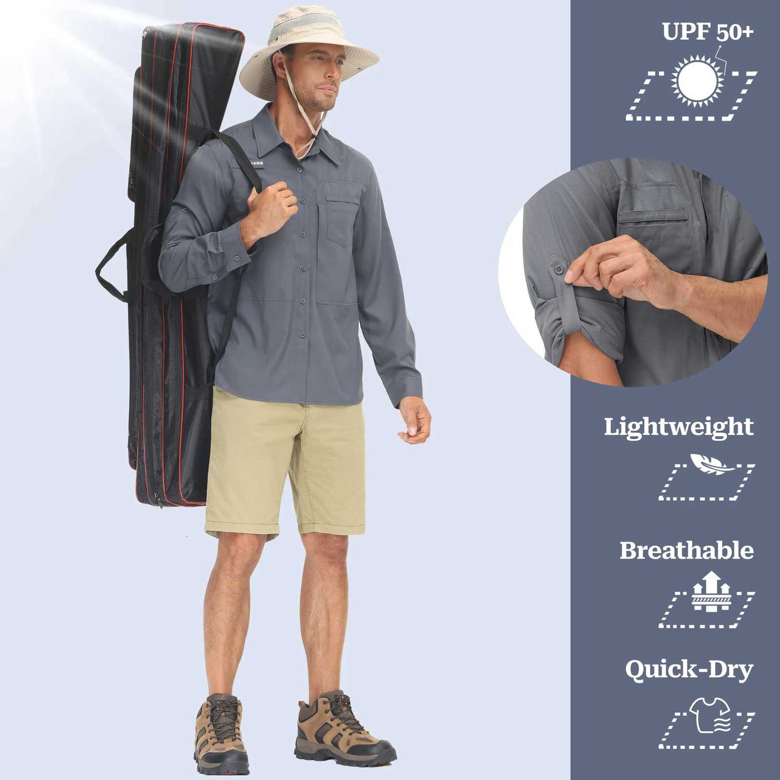 Summer Mens UPF 50 Casual Long Sleeve Fishing Shirts Lightweight Tactical Button Down Shirt with Breathable Back Mesh K251110