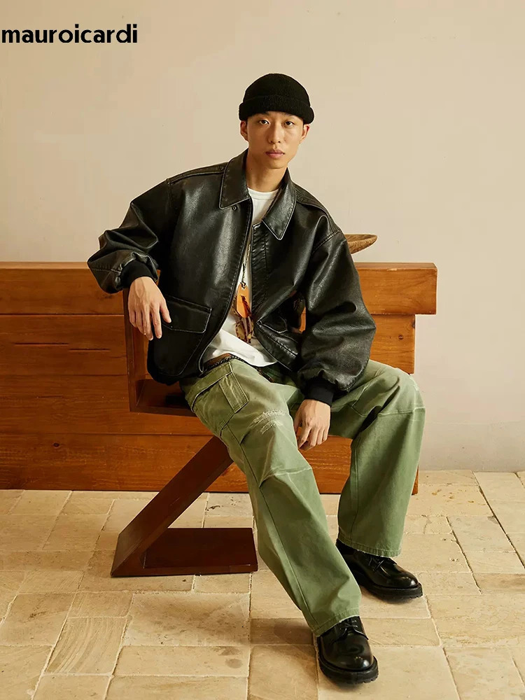 Mauroicardi Spring Cool Handsome Oversized Vintage Distressed Black Pu Leather Jacket Men Pockets Clothes 251105