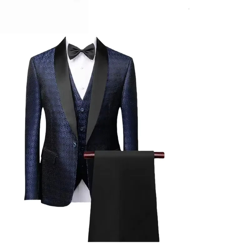 Mens 3-Piece Jacquard Wedding Suit - Slim Fit Vintage Tuxedo BlazerVestPants 1-Button Groomsmen Formal Attire 251107