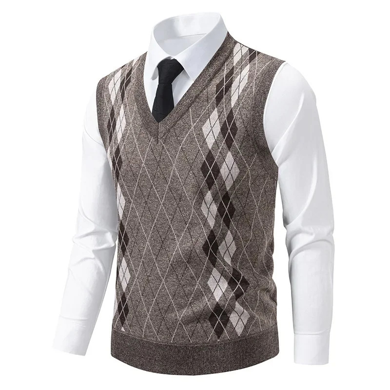 Middleaged Mens Slim Fit Knitted Sweater Vest Autumn Winter Warm Plaid Inner Wear Dad Style Top Quality Chinese 251104