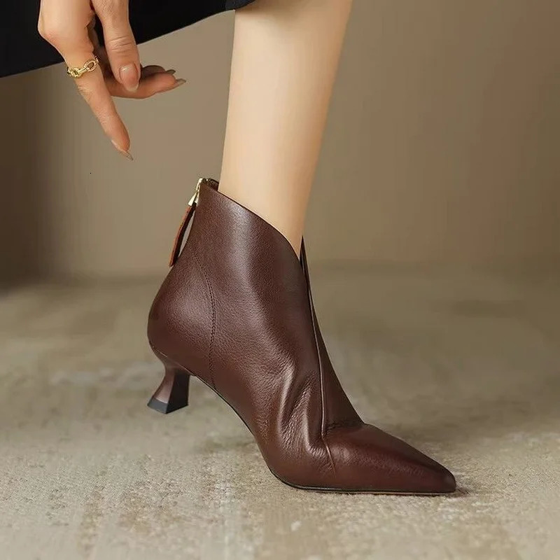 FHC Autumn Women Ankle BootsFashion Soft Leather ShoesBack ZipMid Heels Short BotasPointed ToeBlackBrownDropship 251110