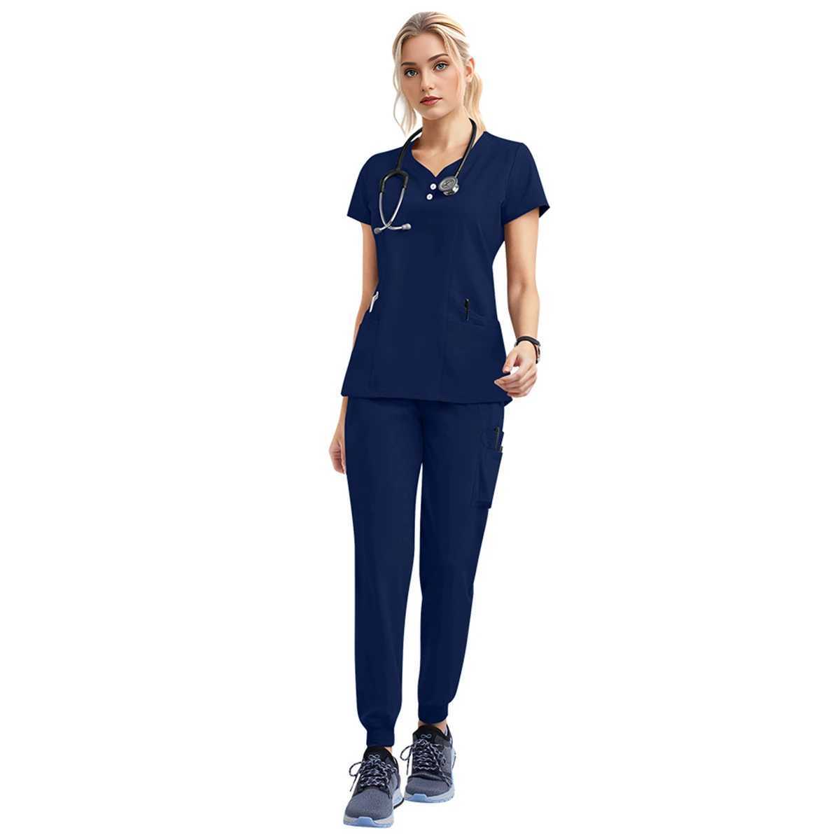 Womens and Mens Medical Uniform Scrubber Set Short Sleeve Top Elastic Waist Pocket Pants Set Beauty SPA Pet Clinic Nurse Work Clothes X250410