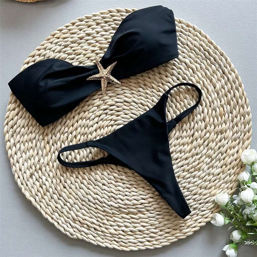 Holiday Light Blue Swimwear Metal Starfish Bandeau Bikini Mini Micro Thong Sexy Swimsuit Women 2025 Bathing Suit Bikinis Sets