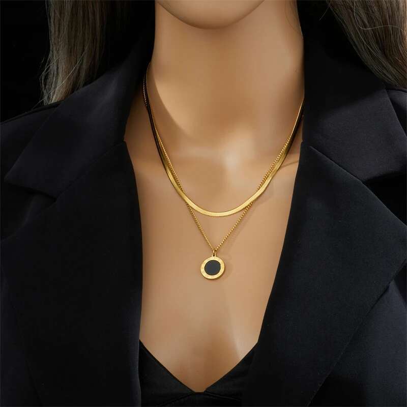 DIEYURO 316L Stainless Steel Roman Numeral Dial Pendant Necklace For Women New Trend Girls 2-Chain Choker Birthday Jewelry Gifts