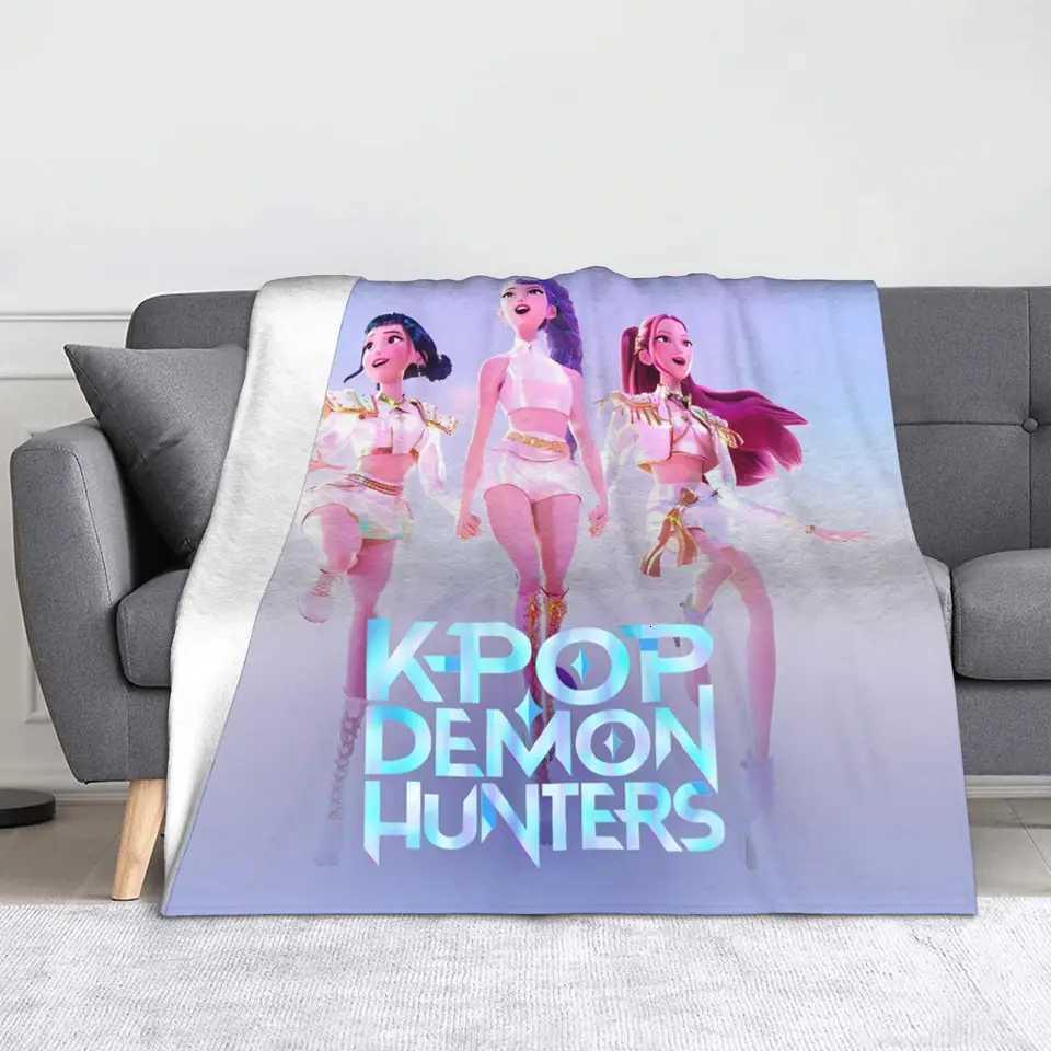 Kpop Demon Hunters Knitted Blanket Velvet Huntrix Anime Warm Throw Blankets for Car Sofa Couch Bedspread C251111