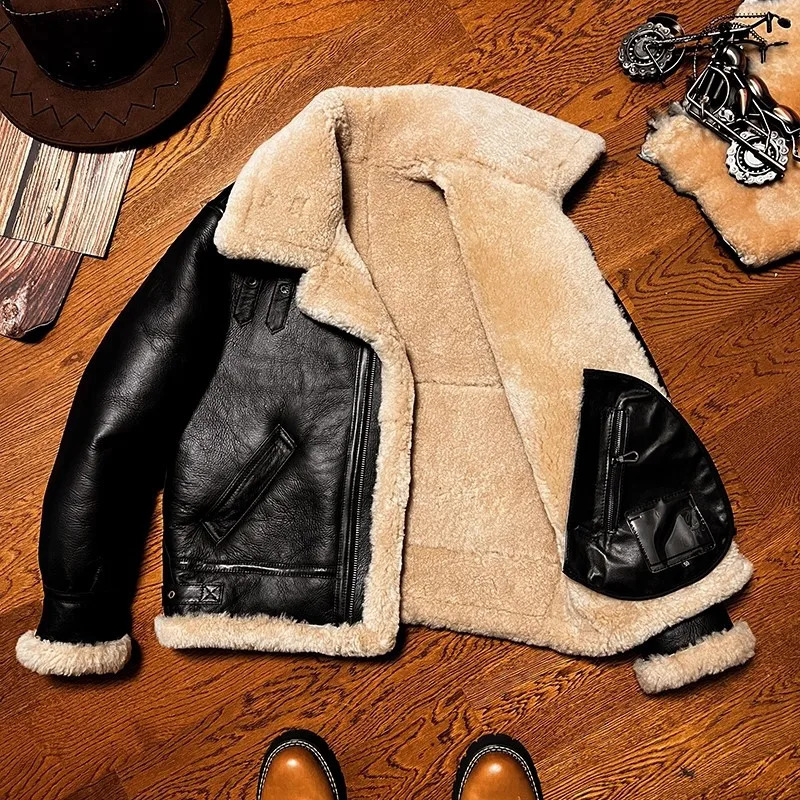 YRWholesalesMen Bomber Winter warm thick 100 fur jacketB3 natural sheepskin with wool coatquality genuine shearling 251106