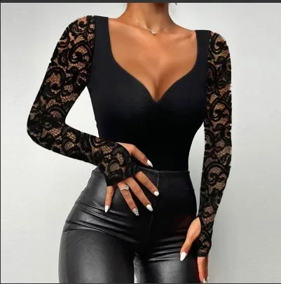 Spring and Autumn Sexy Irregular Long Sleeve Tshirt Lace Splicing Non Chinese Mainland Origin Abnormal 250407
