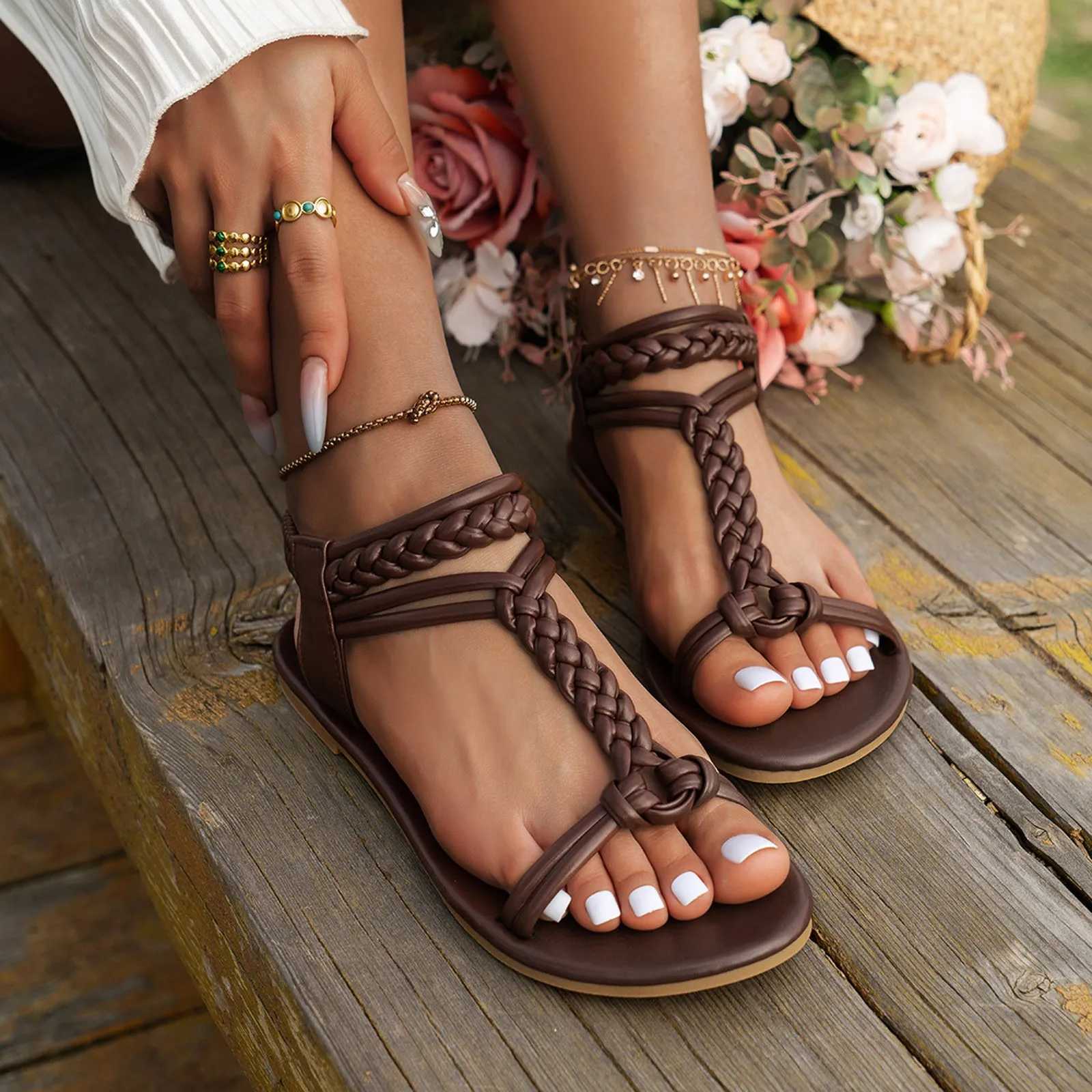 Fi woven womens Roman sandals 2025 summer new T-shaped flat sandals De Mujer Plus size N slip open beach shoesXJ250410
