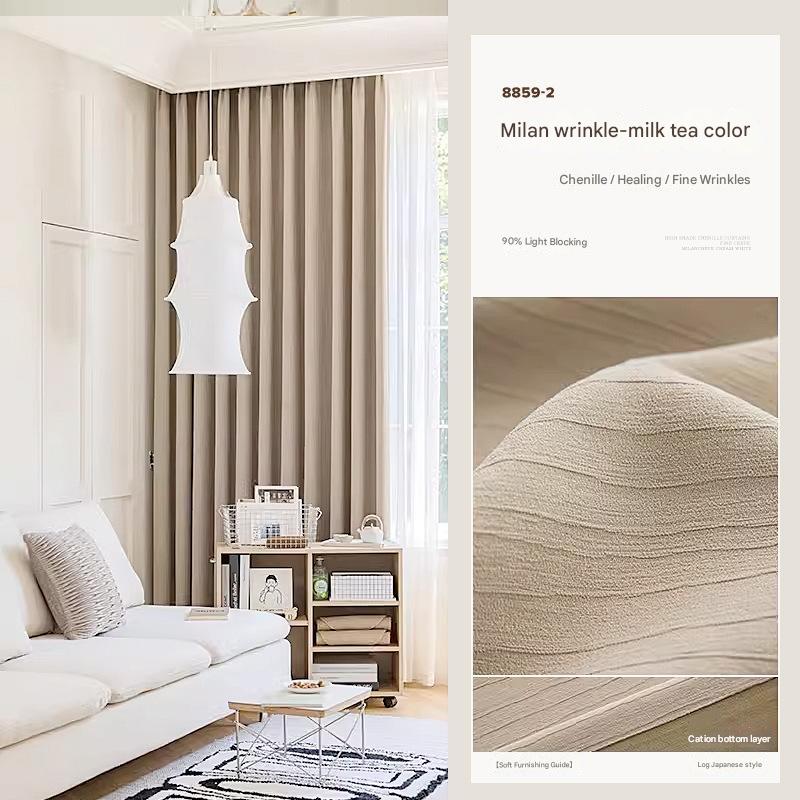 T0021 New Chenille Curtain Fabric Wholesale Cream Modern Simple Living Room Bedroom Blackout Curtain Finished Product