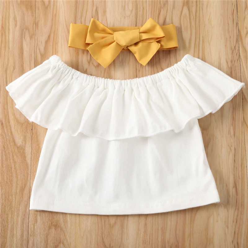 1-7Y Summer Childrens Baby Girls White Ruffle T-shirt Crop Top Yellow High Waist Skiing 3-Piece Set Girls Clothing SetXJ250410