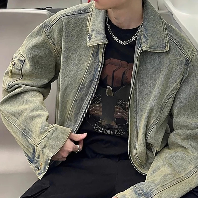 Mens denim jacket autumn vintage washed casual Versatile Fashion Korea Style Trendy High Street 250401
