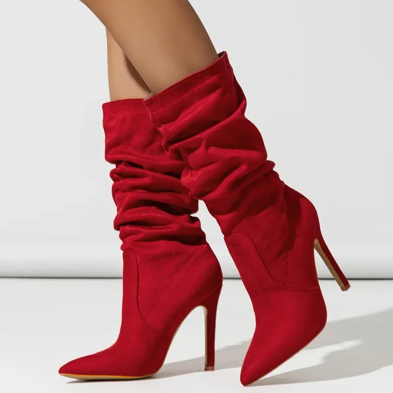 Women Pleated High Thin Heel Mid-calf Boots OL Outdoor Nightclub Evening Party Wedding Banquet Soical Gathering Botas De Mujer 251110