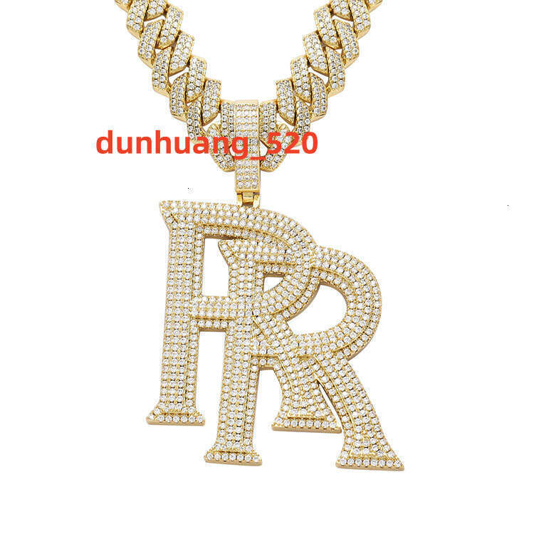 Handmade Insert Big Letter Double R Copper Plated Solid Gold Cubic Zircon Pendant For Cuban Link Chain