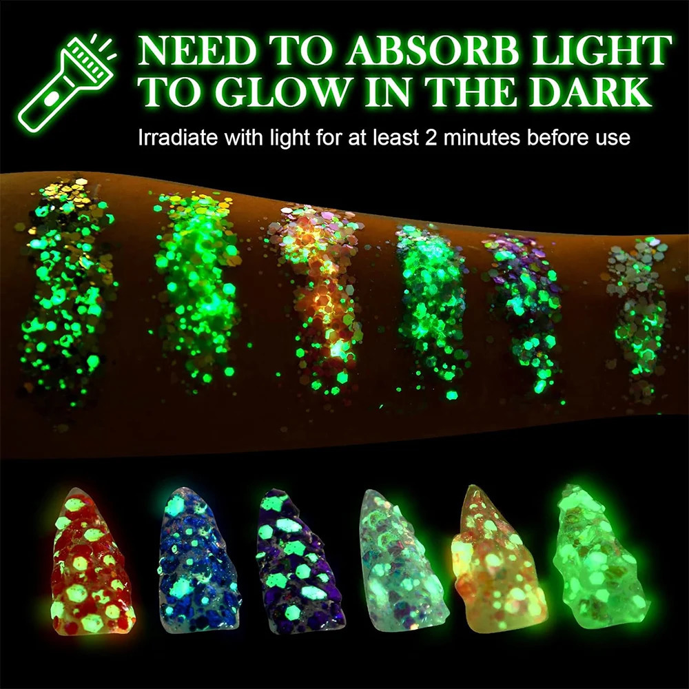 24pcs Face Glitter Makeup Glow in The Dark Body Glitter Gel UV Luminous Glitter for Festivals Party Halloween Bar Makeup 250410