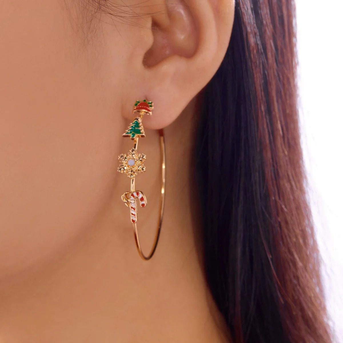 Holiday Round Hoop Drop Earrings Exaggerated Bell Tree Snowflake Crutch Dangle Christmas Jewelry Gifts For Women Men 251103
