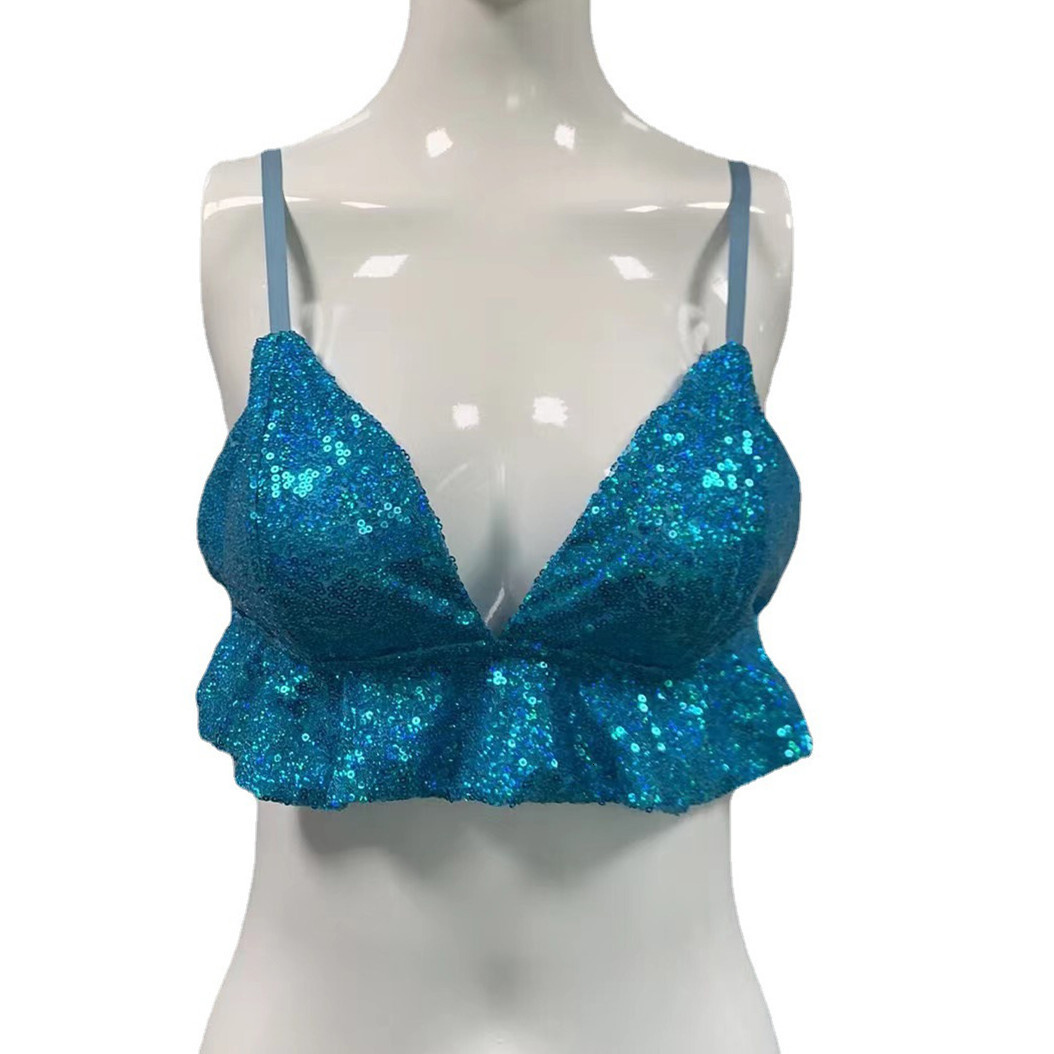 Shining performance hot DS nightclub stage ruffle edge camisole crop top