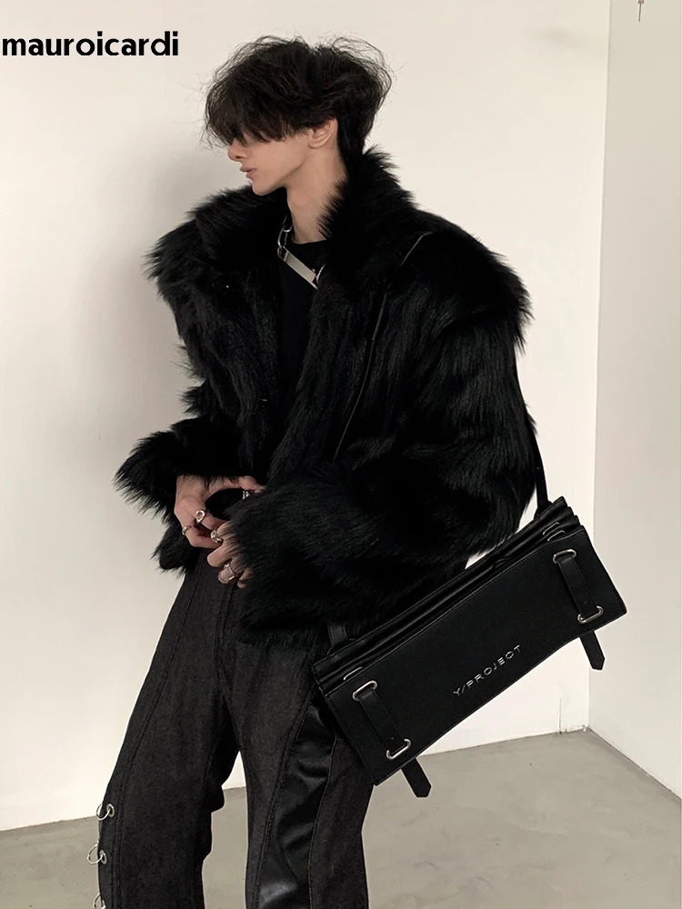 Mauroicardi Winter Short Cool Thick Warm Soft Black Hairy Faux Fox Fur Coat Men Long Sleeve Fluffy Jacket 251105