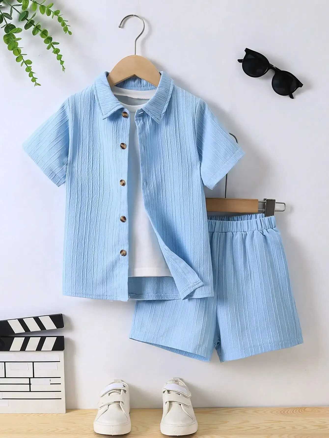Summer Boys Set Blue Wave Shirt Casual Two piece Simple Childrens ClothingXJ250410