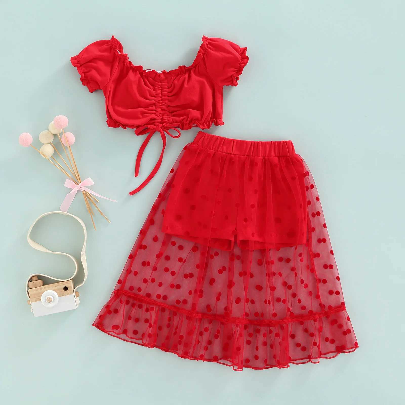 Childrens baby girl 2PCS set childrens baby girl pleated edge decoration Drstring pleated short sleeved top+patch work mesh shorts 2-7TXJ250410