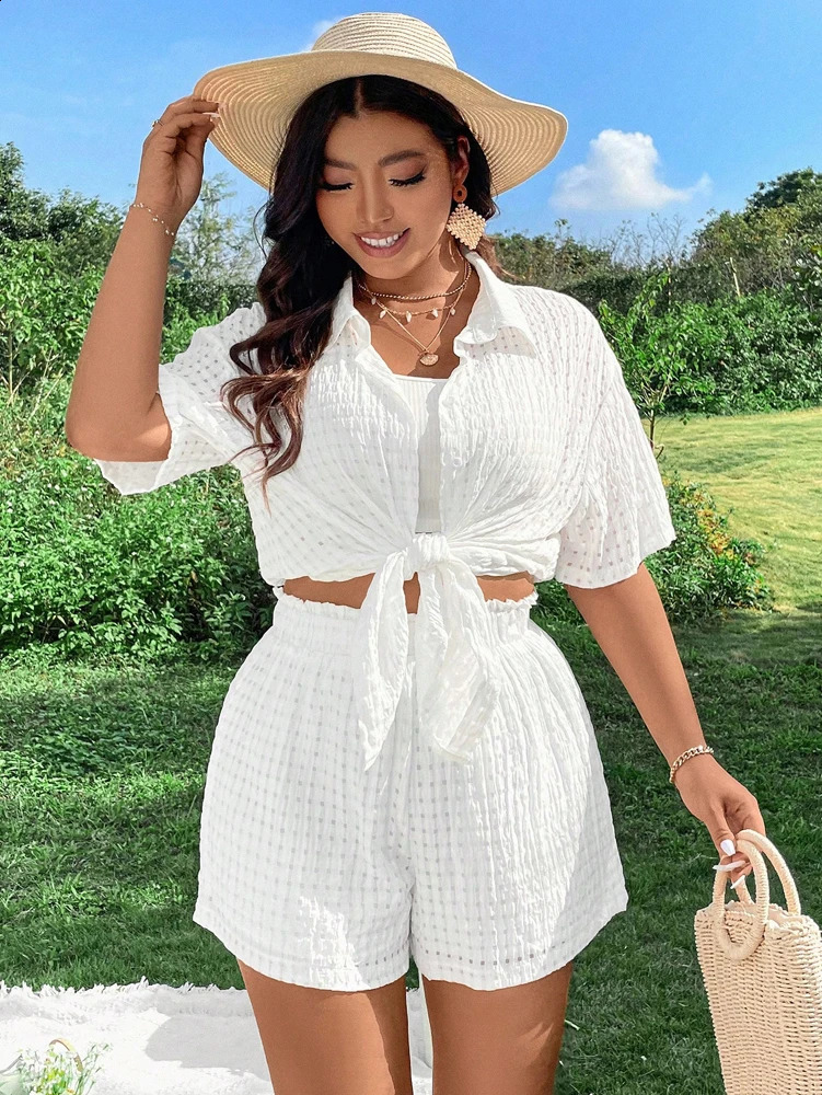 Plus Size Womens 2025 Summer Pure Colour Cutout Beach Knit Suit Choice for Summer Polyester Material 250410