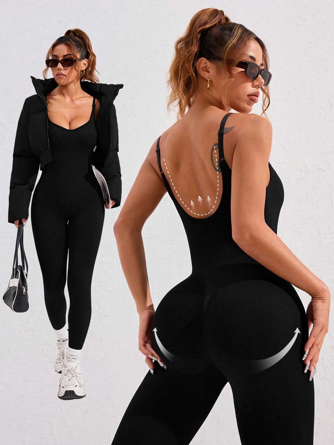 One piece seamless sports yoga jumpsuit sexy back-u body exercise suit womens fitness gym set sportswearW250411