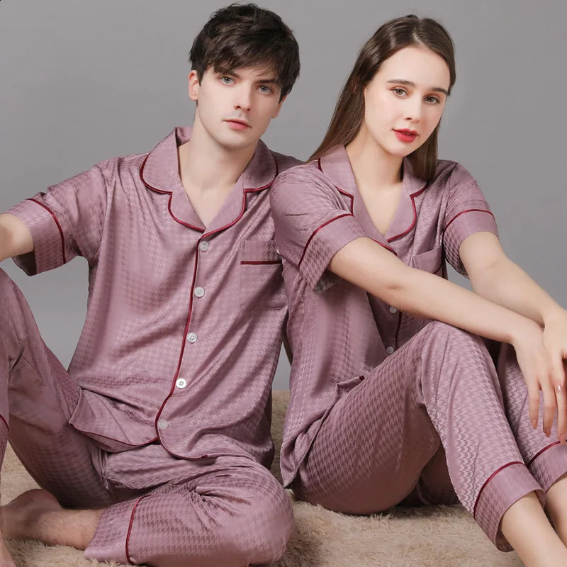 High quality couple pajamas set summer short sleeved pants home fabric mens ice silk thin satin oversized pajamas set womens 250408
