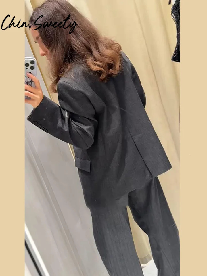 Loose Solid Coat Pants Women Set Long Sleeve Stand Collar Single Button Blazer Striped Trousers 2025 Autumn Winter Lady Outfit 251105