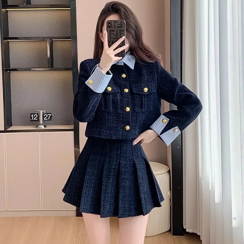 Korean Style Elegant Tweed Mini Dress Set Womens Thousand Gold Thickened Woolen Skirt Socialite Style Autumn/Winter 251106