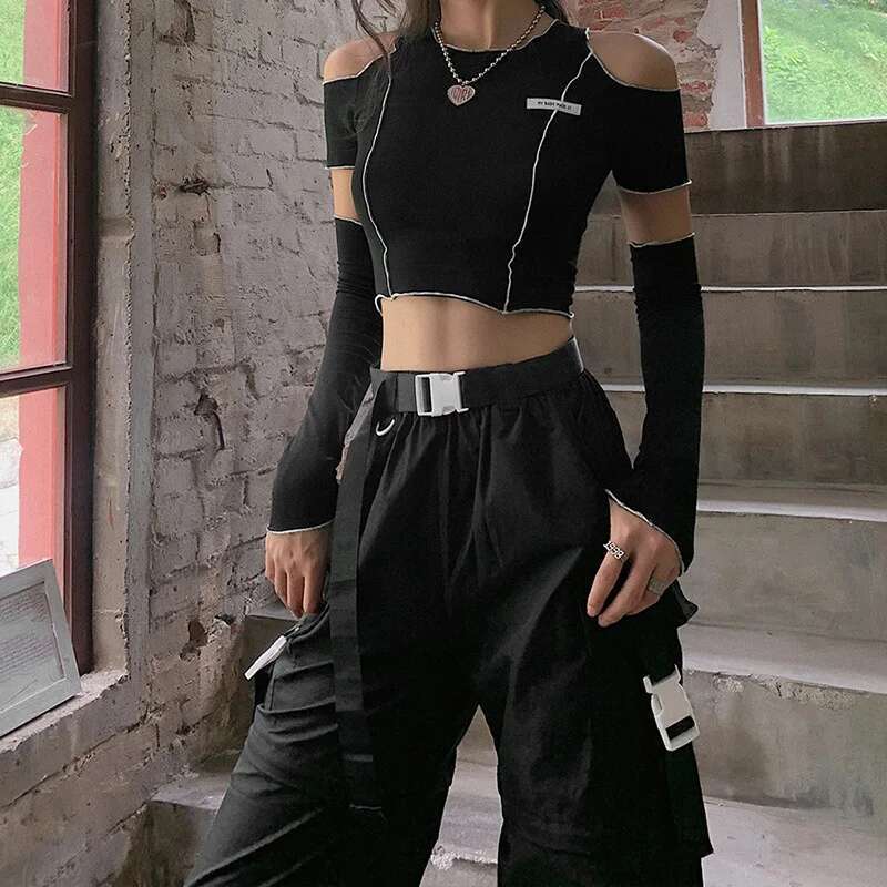 Patchwork Black T-Shirts Gothic One Shoulder Sleeve Y2k Crop Tops Ruffles Hem Hip Hop Techwear Women Tees