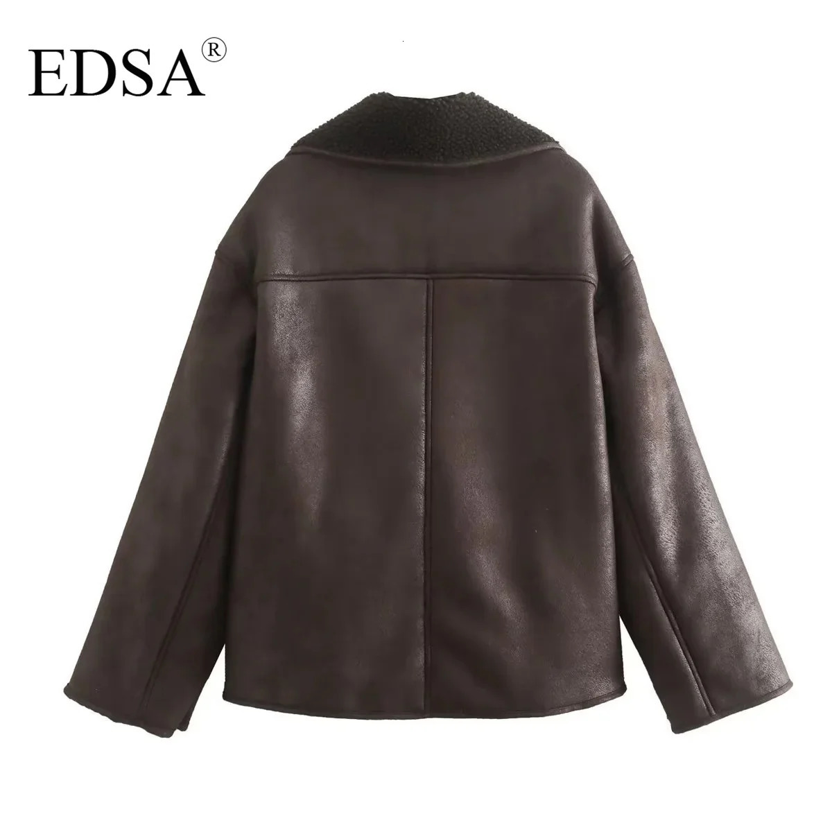 EDSA Woman Thick Faux Leather Jackets for Women Autumn Winter Warm Wool Blends Coats Plush Double-sided Jacket Pocket Jacket 251105