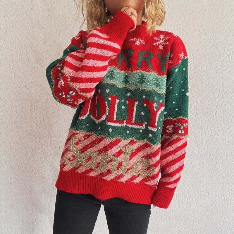 Christmas Jacquard Knitted Round Neck Casual Loose Sweater Hoodie Fashion Print Long Sleeves Pullovers Winter Clothes Woman 251106