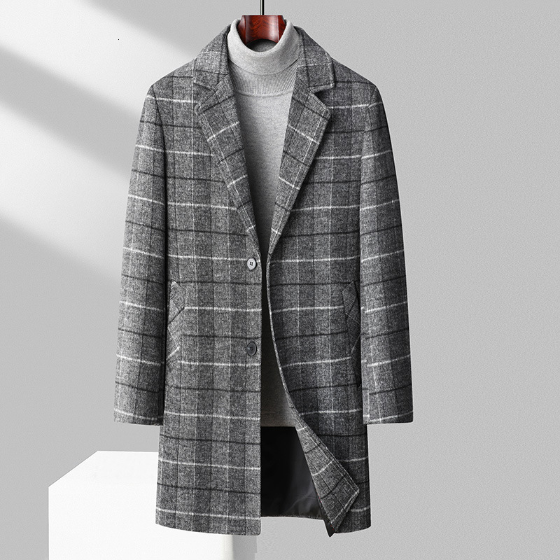 Fashion Thickened Autumn Plaid Wool Coat Men's Slim Fit Mid-Length Woolen Trench Coat Jacket