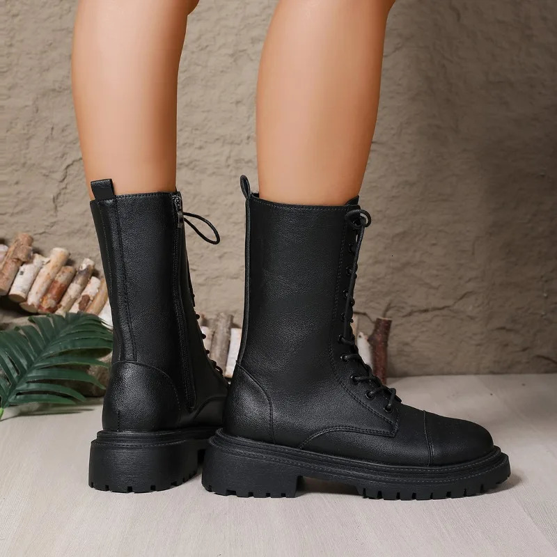 Womens Shoes Fashion Mid-Calf Womens Boots Side Zipper Casual Plus Size Lace-up Shoes for Women 251110