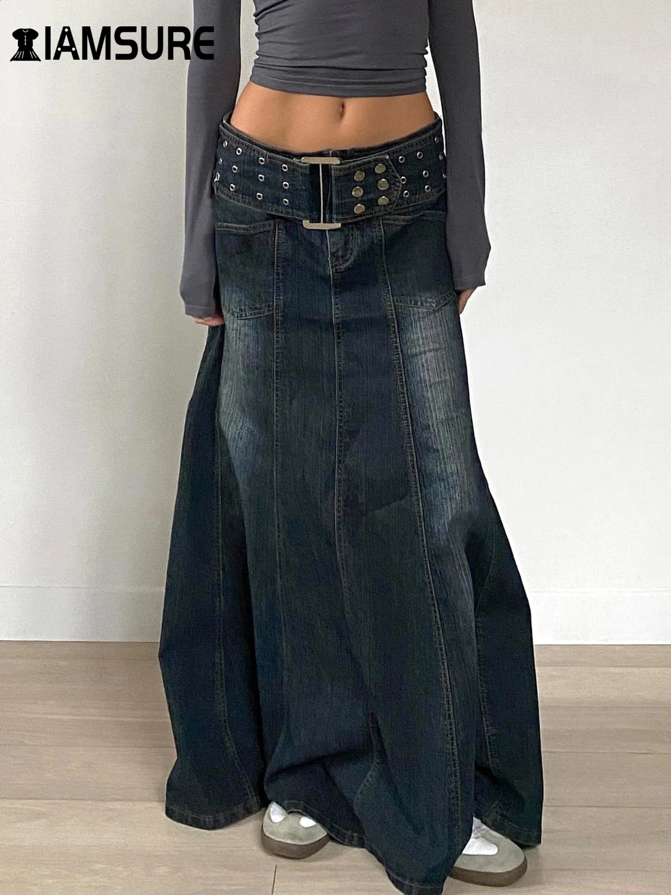IAMSURE Basic A-Line Denim Skiing Strap Casual Slimming Pocket High Waist Long Skirt Womens Spring/Summer Womens Wear 250408