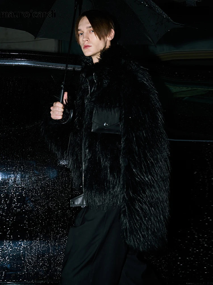 Mauroicardi Winter Cool Handsome Black Thick Warm Soft Patchwork Faux Fur Coat Men Clothing Fluffy Jacket 251105
