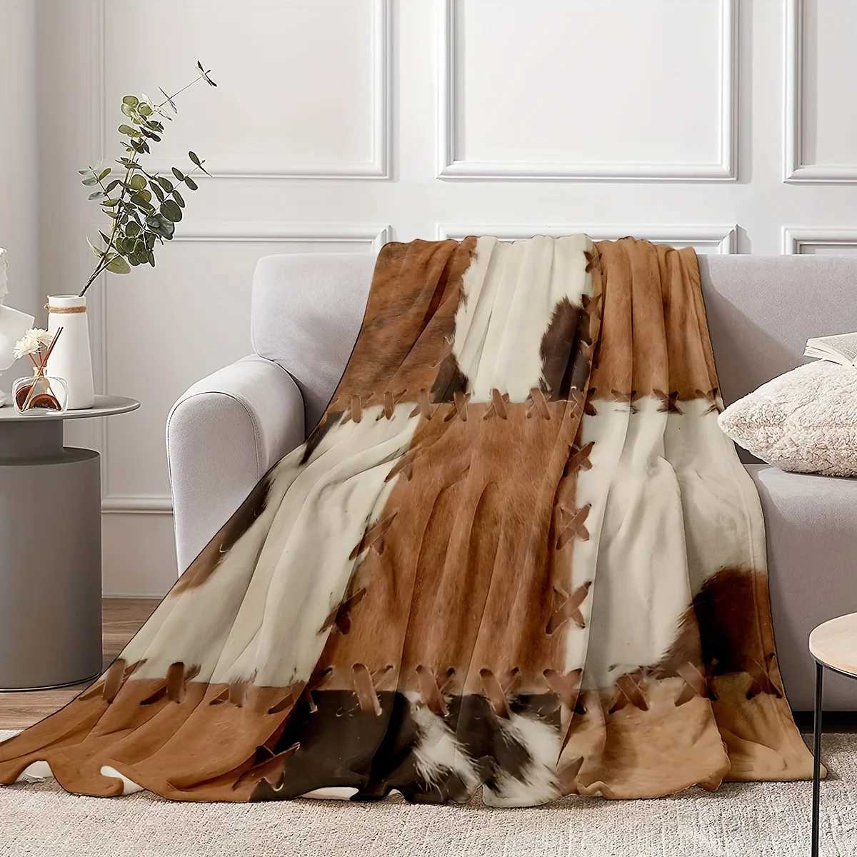 Faux Cowhide Flannel Blanket Designed With Stitched Accents Ideal For Rustic Living Room Decoration Providing Plush Feel C251111