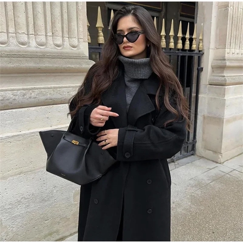 Elegant Grey Belt Coat Women Lapel Double Breasted Street Coats Female Autumn Winter Lady Peacoat 251104