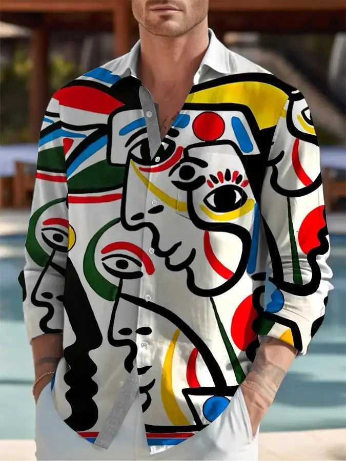 2024 New Mens 3D Art Painting Fashion Print Single Breasted Long Sleeve Shirt Casual Shirt Mens Loose Lapel Long Sleeve K251110