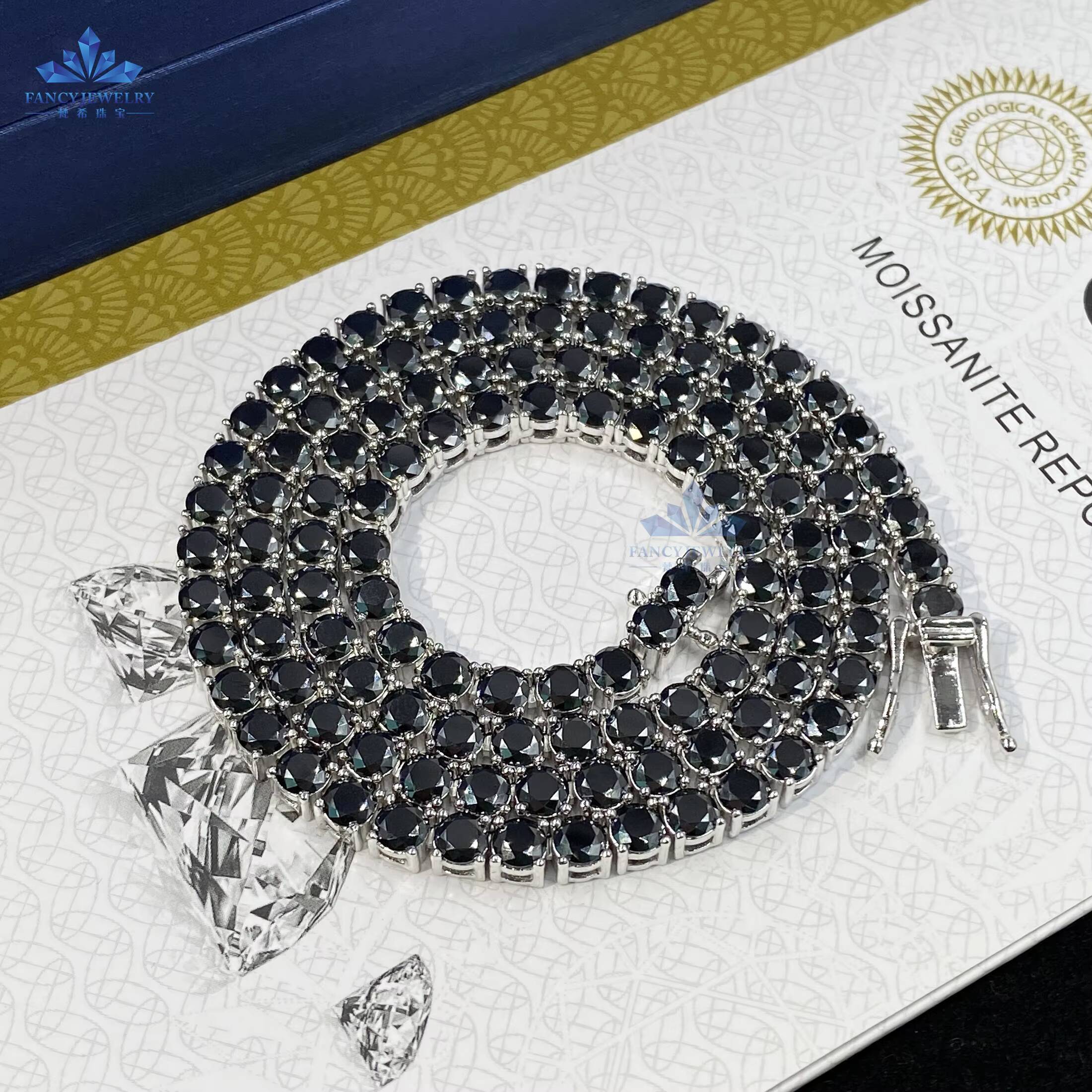 S925 Hiphop Style Tennis Chain Bracelet and Necklace Round Cut Black Moissanite Diamond Certified with GRA Certificate